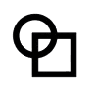 Circle partially overlapping a square, both in black, against a dotted black background.