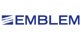 Blue text reading "EMBLEM" with stylized horizontal lines forming a square to the left.