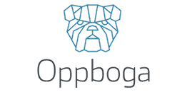 Abstract bulldog logo in blue lines above the word "Oppboga" in gray text.